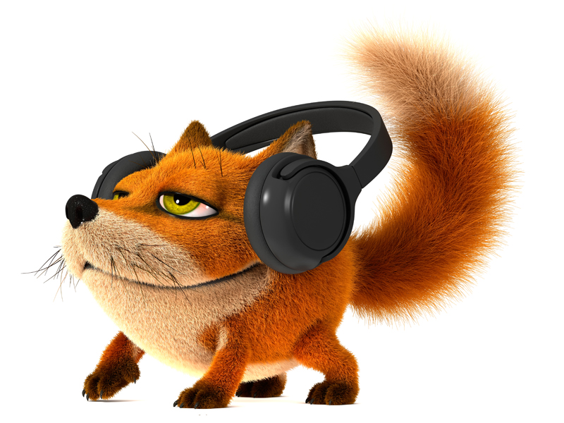 3D Cartoon little red Fox listening to music on headphones