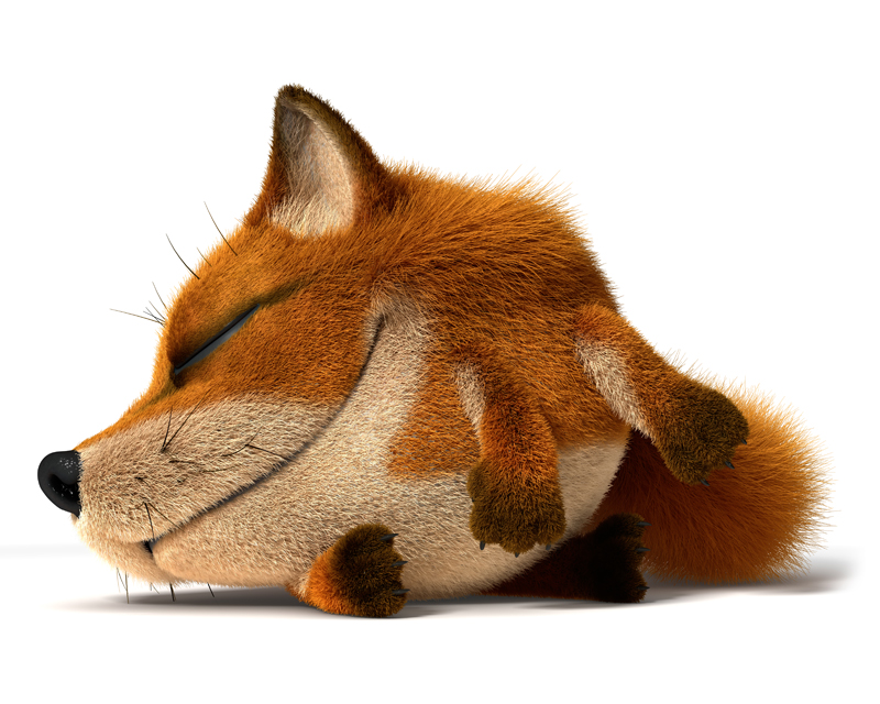 3D Cartoon little red Fox lying down with eyes closed and sleeping