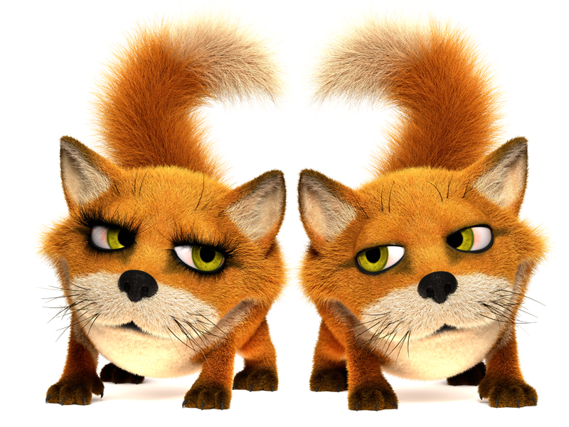 3D Cartoon little Fox looking at the other with love. Tails in the shape of a heart