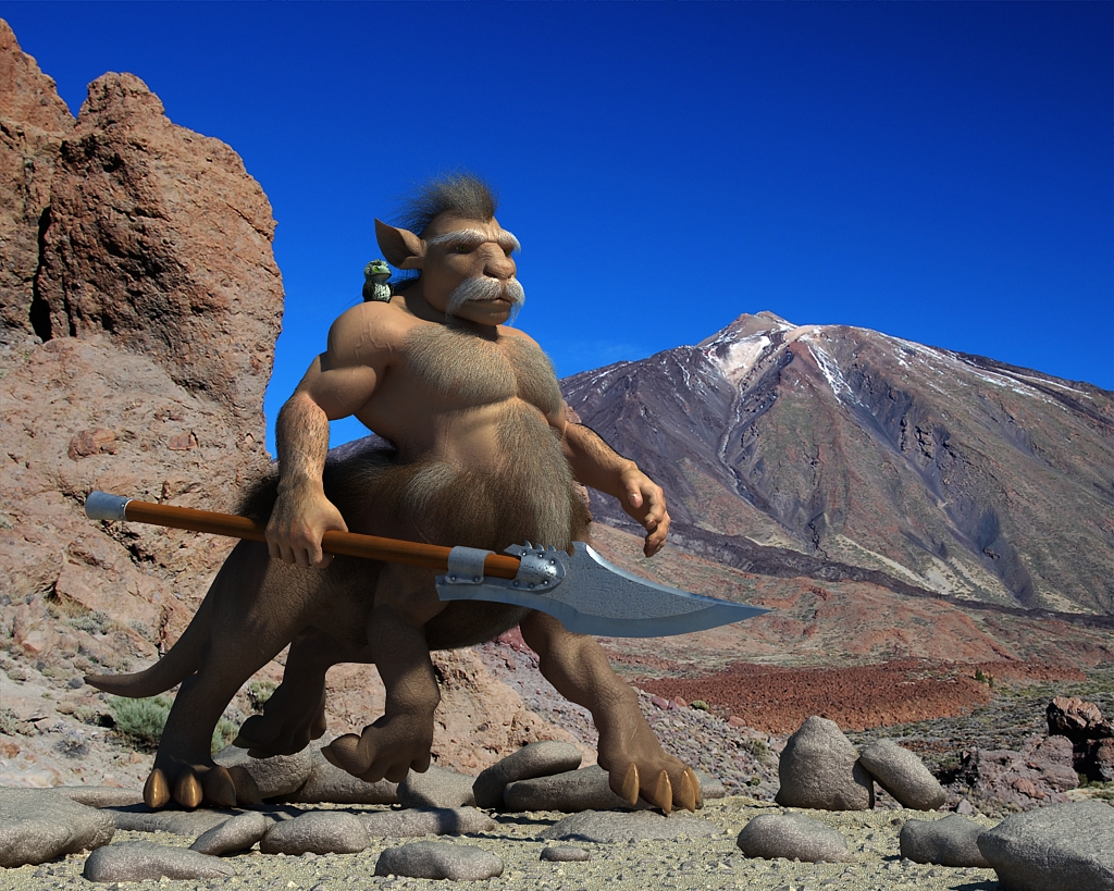 3D muscular fantasy centaur halberd runs in the background of mountains