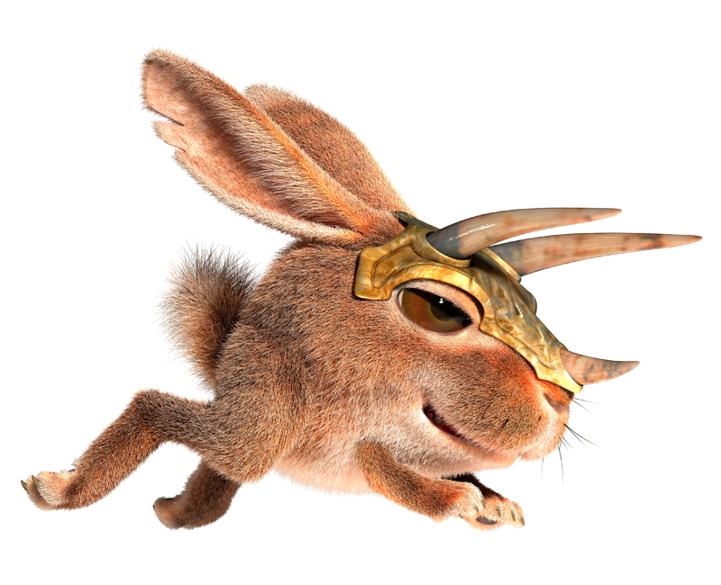 3D Cartoon little fluffy Bunny in a horned helmet running attack