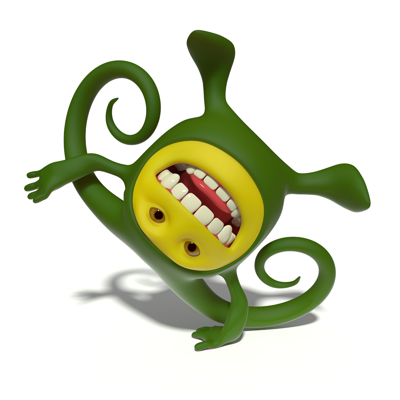 3D little green smiley acrobat standing on one hand upside down