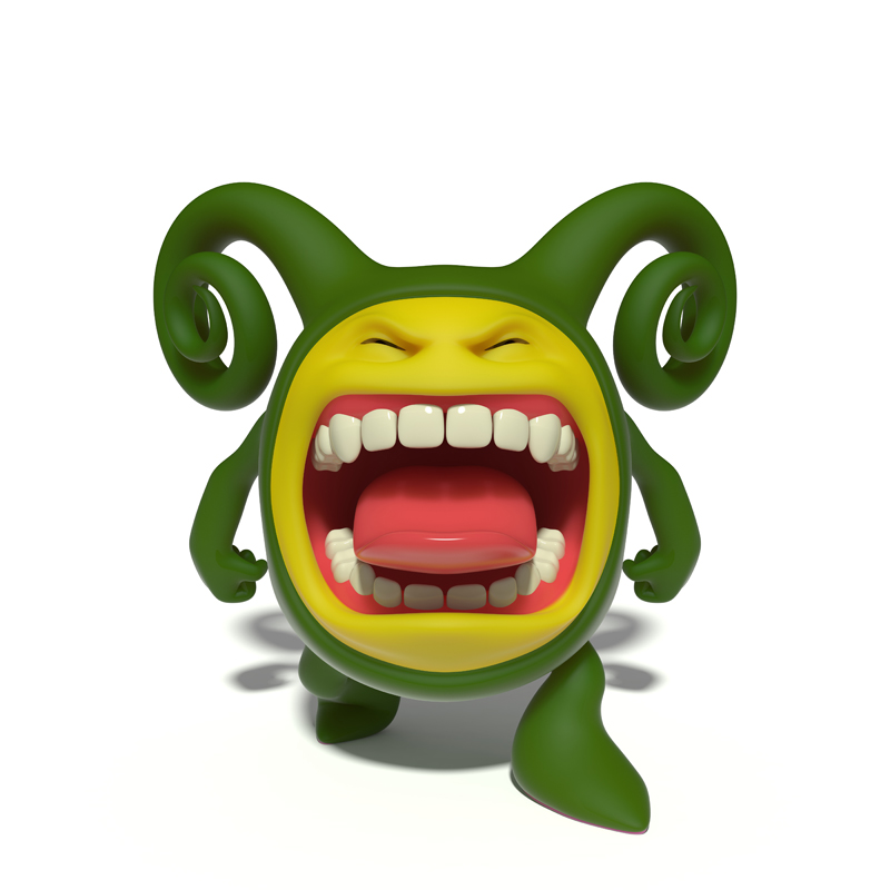 3D small green evil smiley screaming wide open toothy mouth