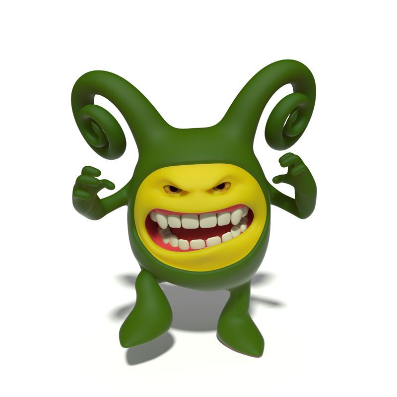 3D small green evil smiley growls with his mouth open in a grin