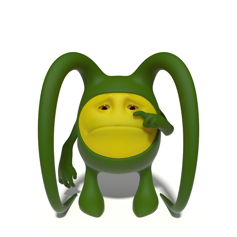 3D little green sad face crying and wipes his tears with a finger