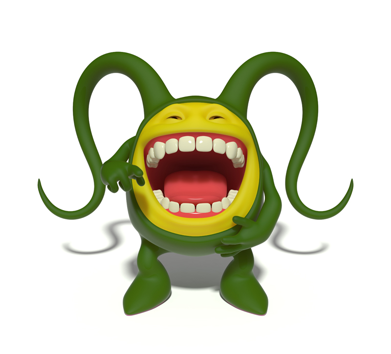 3D funny little green smiley face with its mouth wide open laughing and pointing 