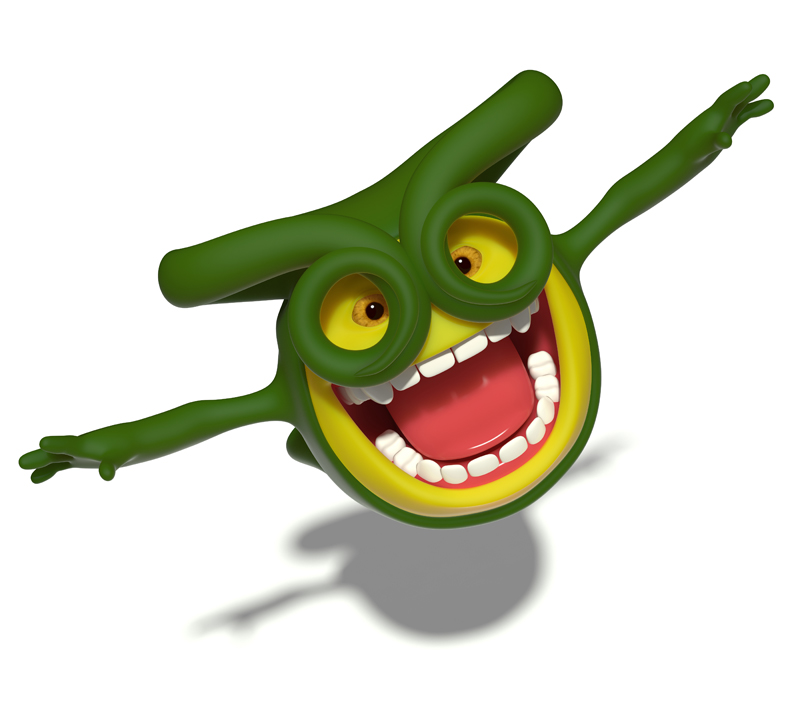 3D little green smiley pilot flies arms outstretched like the wings