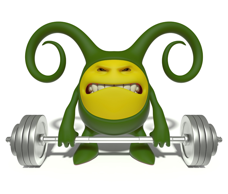 3D little green smiley lifts a very heavy barbell making great efforts