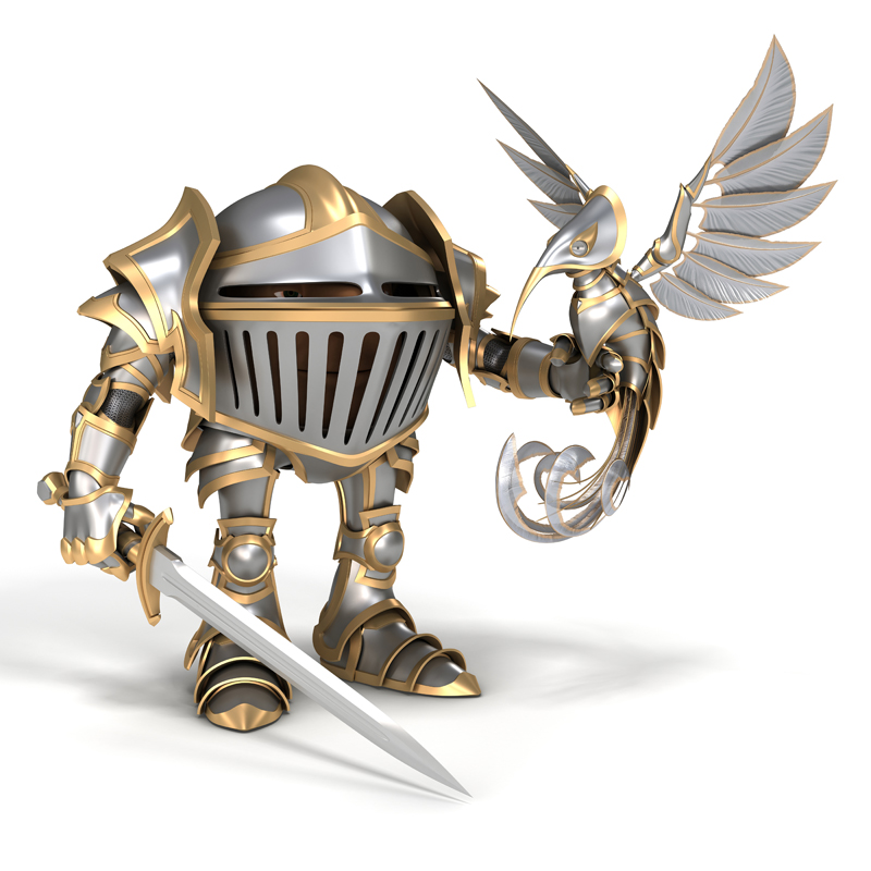 Cartoon knight with sword and steel bird sitting on the hand