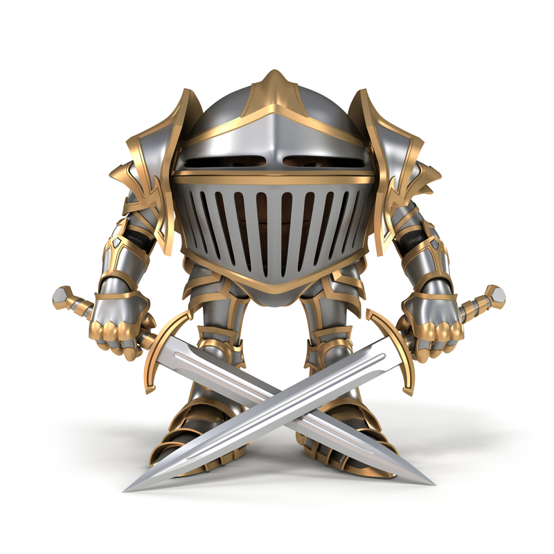 Cartoon knight in steel armor holding crossed swords