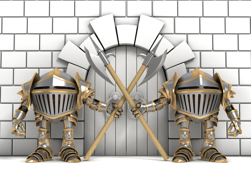 Cartoon knights in steel armor guards with halberds in the hands of guarding the gates