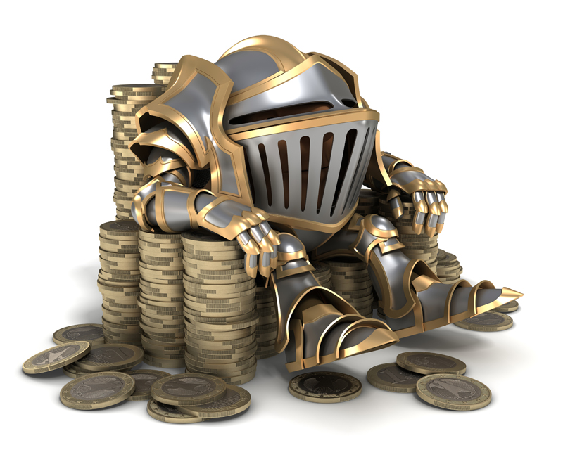 Cartoon knight in steel armor sitting on a throne of gold Euro coins