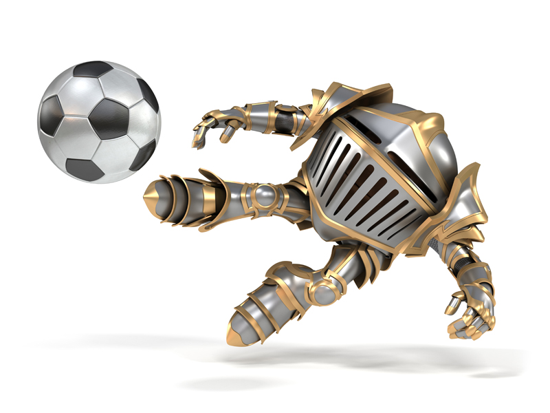 Cartoon knight in steel armor the player kicks the ball