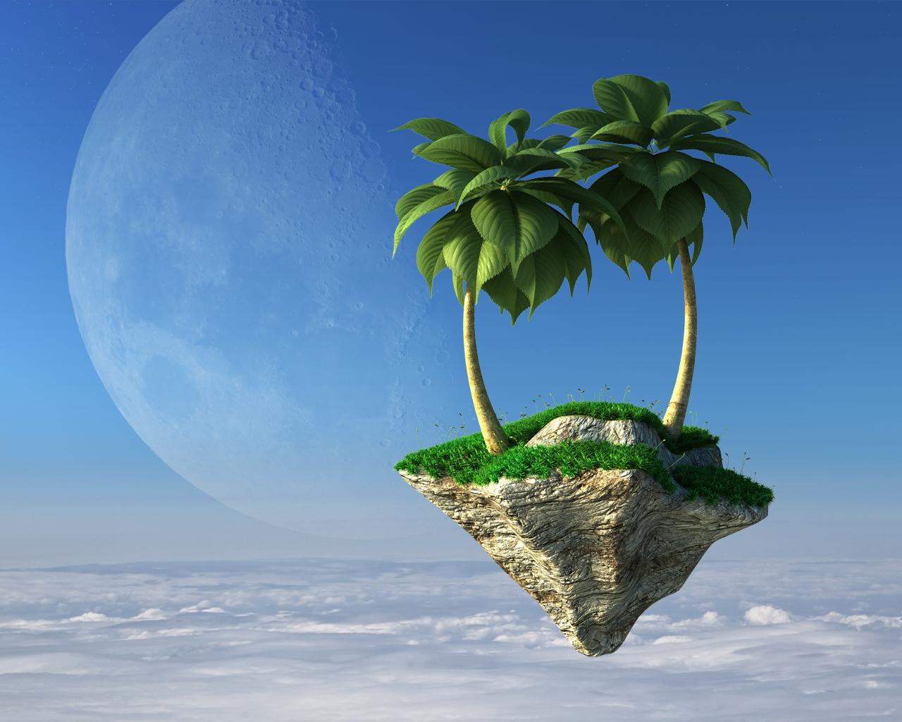 3D palm trees on flying stone island on a background of clouds and a giant moon