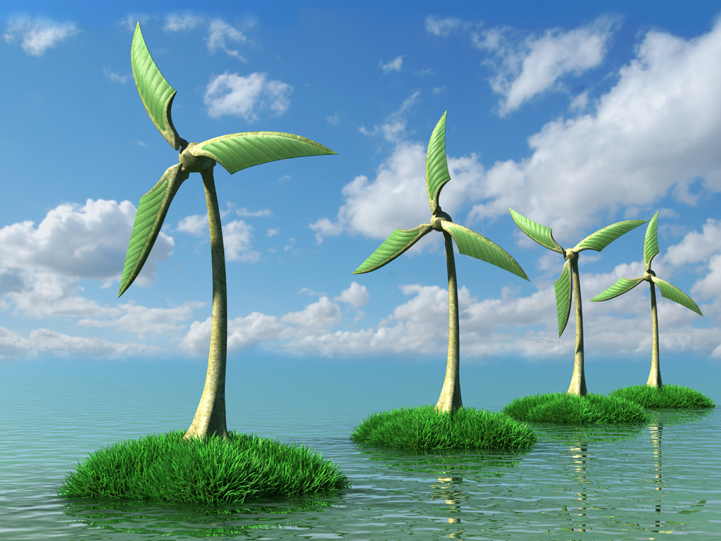 3D trees wind turbines on the Islands with grass in sea against clear blue sky