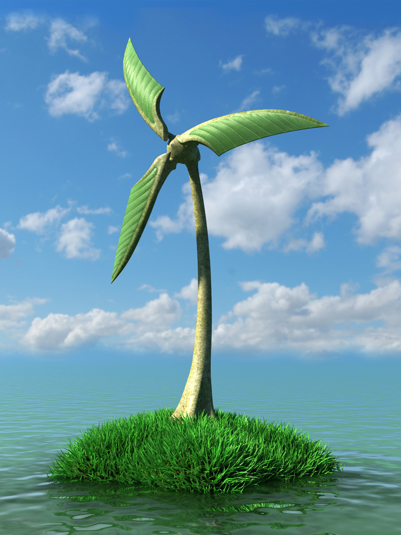 3D wood windmill on the Islands of grass in sea against clear blue sky