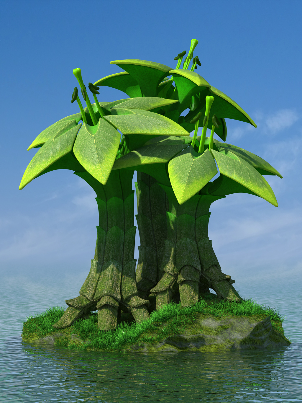 3D trees flowers on a rock in the sea against the blue clear sky