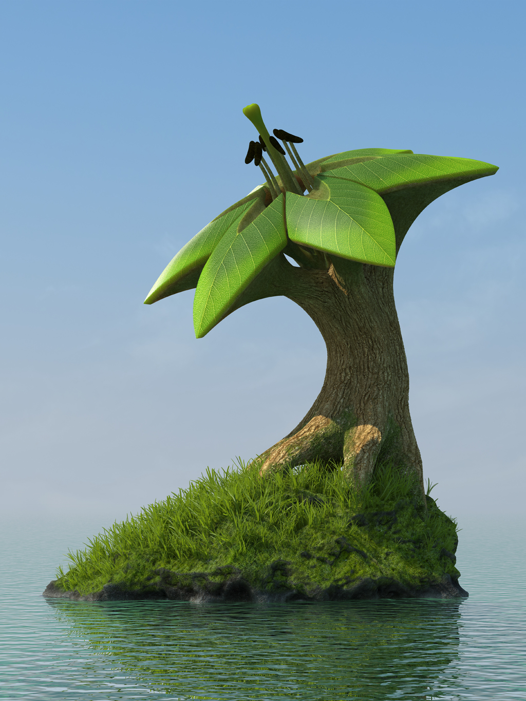 3D tree flower on a rock in the sea against the blue clear sky