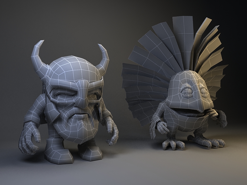 The topology of the 3D low-poly model.Fantastic funny little characters. The knight and the bird
