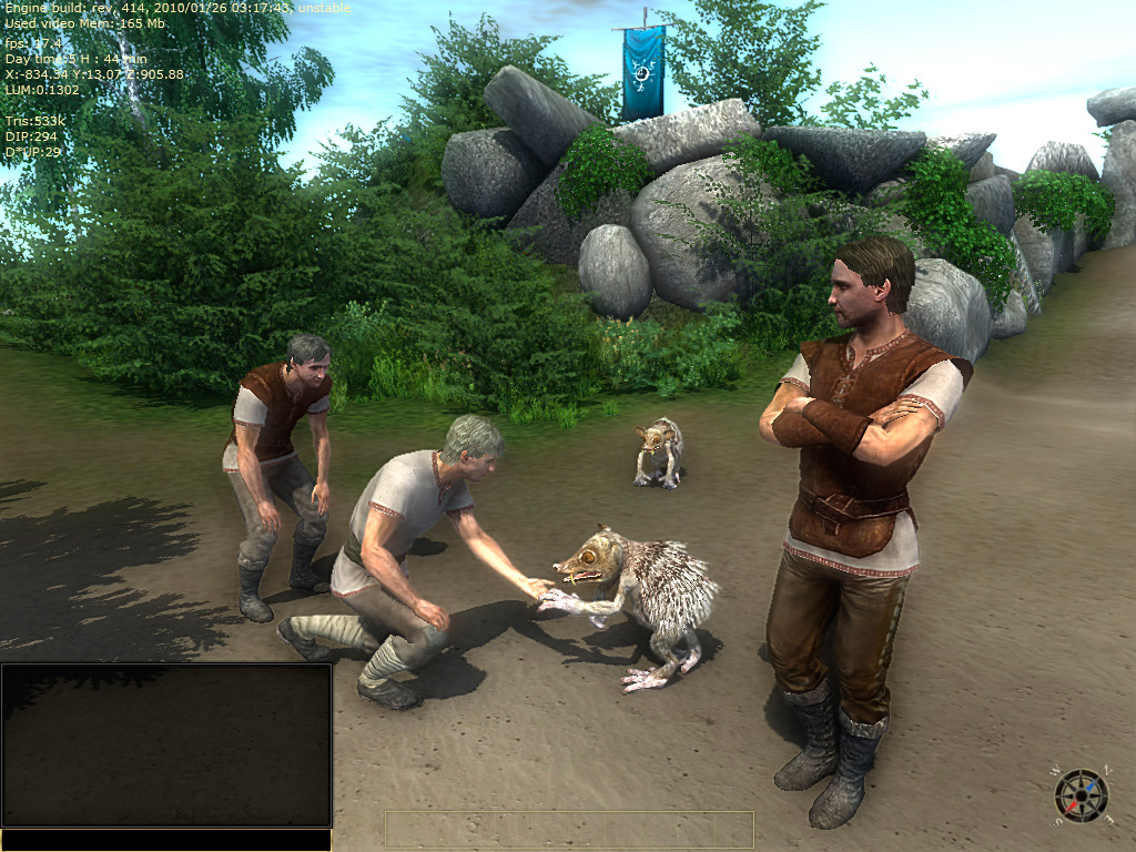 3D low poly character models men in medieval fantasy clothes and fantastic animal hedgehog. The view from the game.