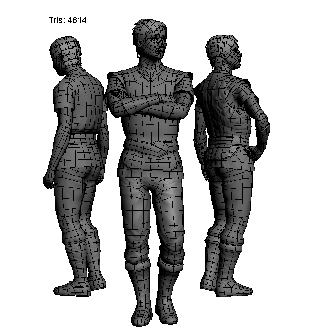 The topology of 3D low poly character models in medieval fantasy clothing