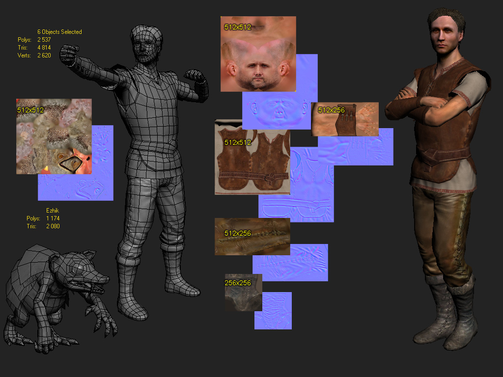 Topology and texture low poly 3D models characters men in medieval fantasy clothes and fantastic animal hedgehog