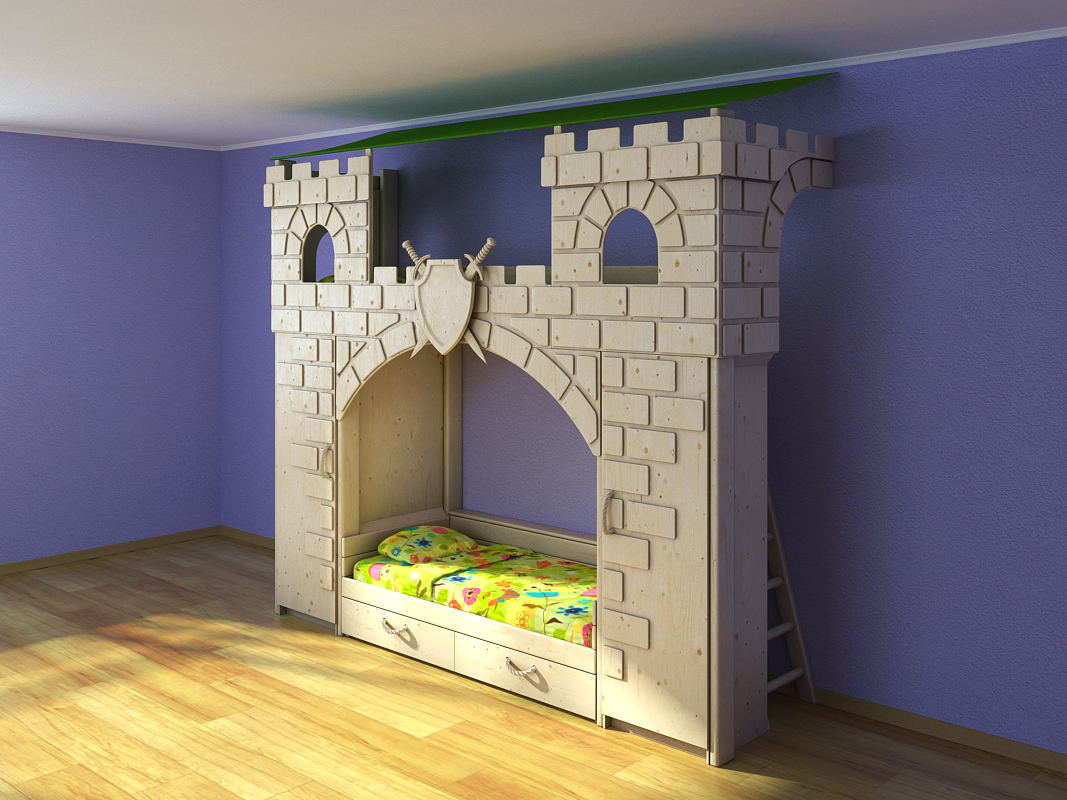 3D model of children's bunk beds are made in the form of a fortress 3D model of children's bunk beds are made in the form of a fortress. Ladder, wardrobe, beds, shields, swords, ladde