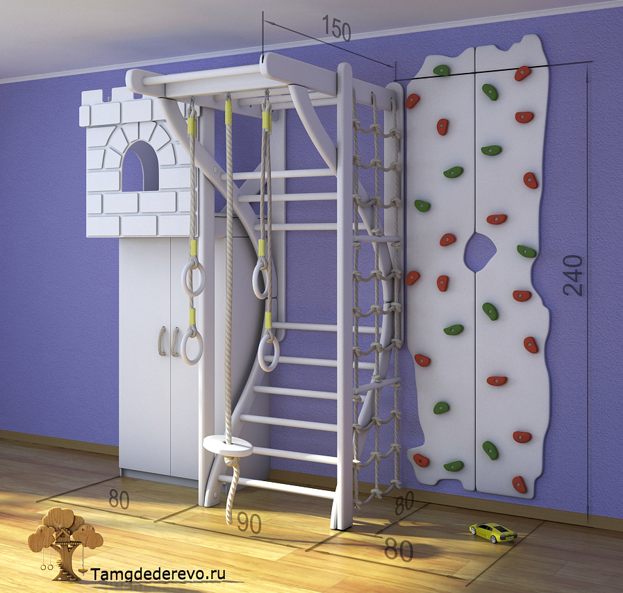 3D model of children's home sports complex. Ladder, climbing wall, Cabinet, Fort, rope ladder, parallel bars, rope.