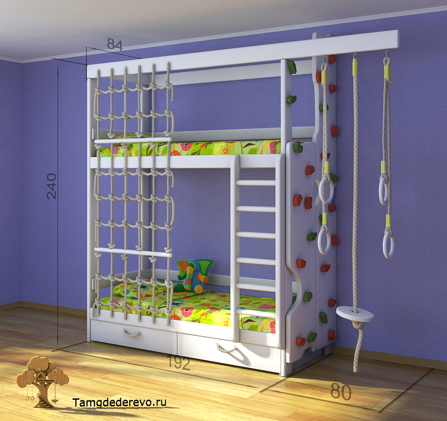 3D model of children's home sports complex. Ladder, a climbing wall, a bed, a rope ladder, parallel bars, rope.