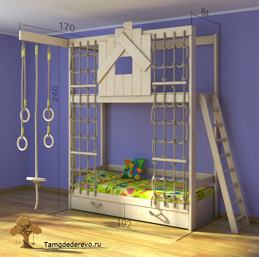 3D model of children's home sports complex. Ladder, a climbing wall, a bed, a rope ladder, parallel bars, rope.