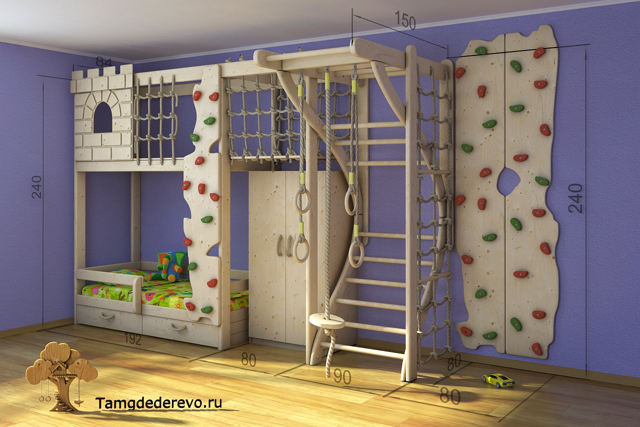  3D model of children's home sports complex. Ladder, a climbing wall, a wardrobe, a bed, a Fort, rope ladder, parallel bars, rope.