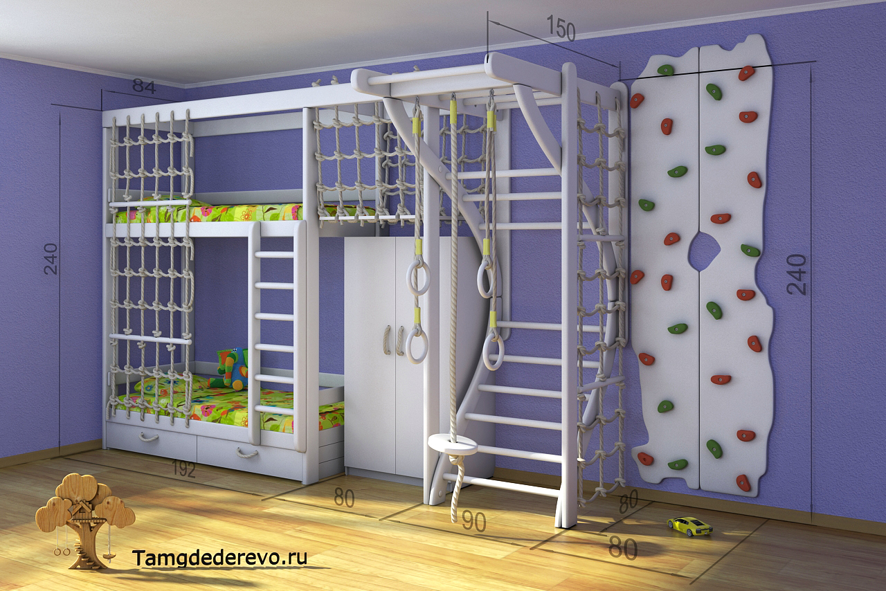 Children's sports complex 3D model of children's home sports complex. Ladder, a climbing wall, a wardrobe, a bed, a Fort, rope ladder, parallel bars, rope.