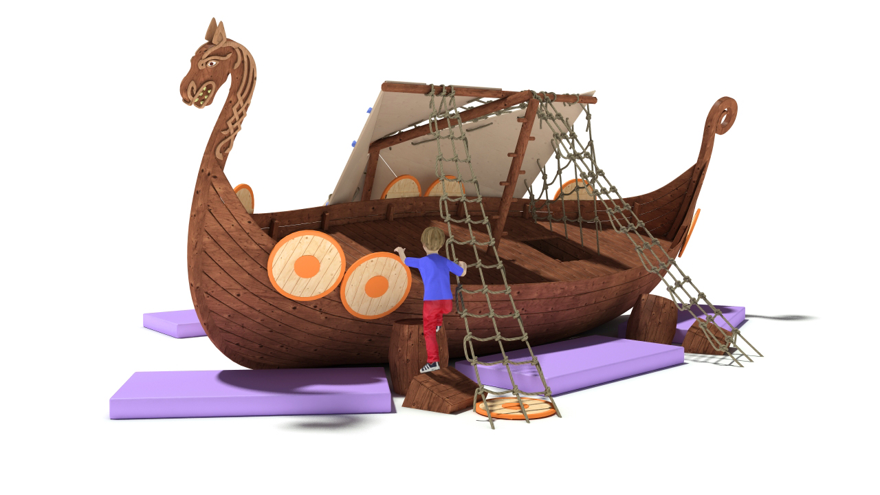 3D model Playground Drakkar. Medieval ship was wrecked, the mast broke in the Board hole. Children use the sail as a climbing wall.