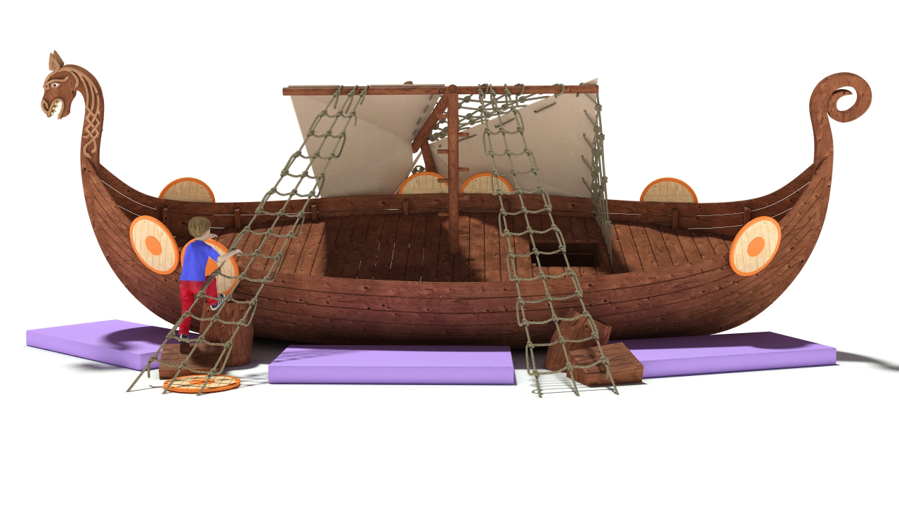 3D model Playground Drakkar Medieval ship was wrecked, the mast broke in the Board hole. Children use the sail as a climbing wall.