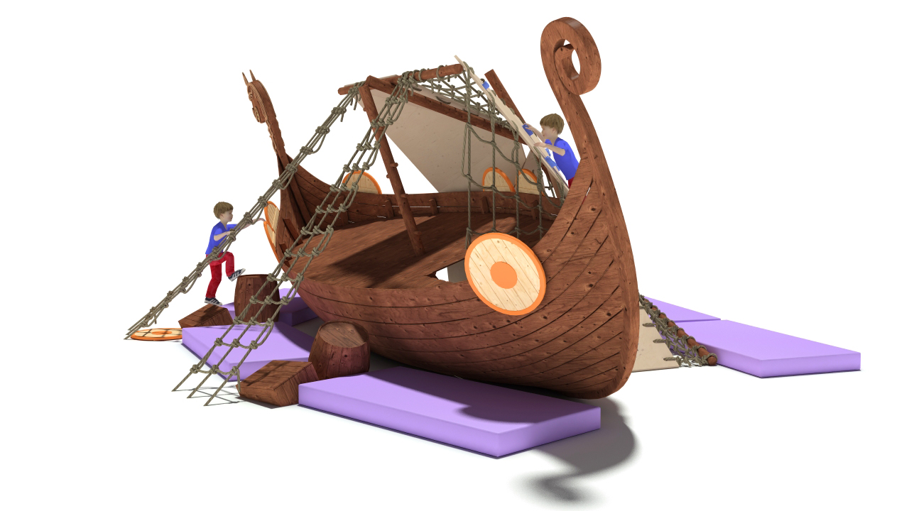 3D model Playground Drakkar Medieval ship was wrecked, the mast broke in the Board hole. Children use the sail as a climbing wall.