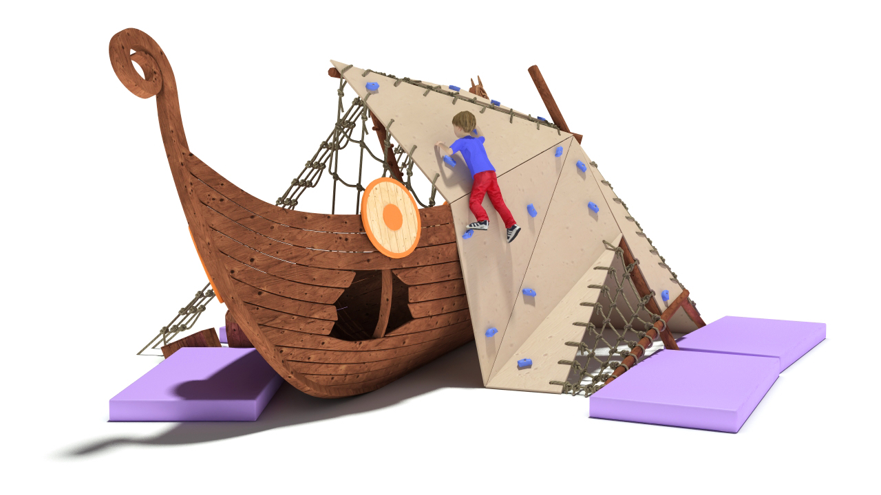 3D model Playground Drakkar Medieval ship was wrecked, the mast broke in the Board hole. Children use the sail as a climbing wall.