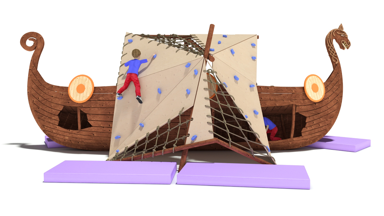 3D model Playground Drakkar Medieval ship was wrecked, the mast broke in the Board hole. Children use the sail as a climbing wall.