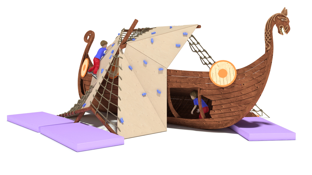 3D model Playground Drakkar Medieval ship was wrecked, the mast broke in the Board hole. Children use the sail as a climbing wall